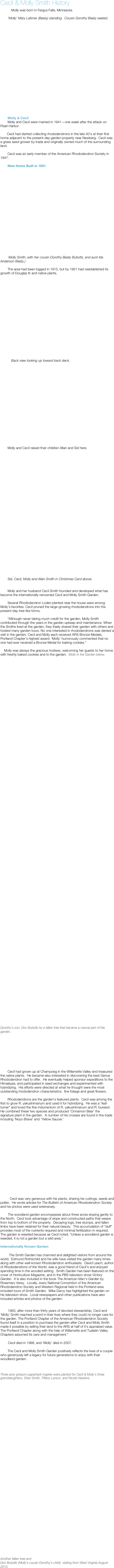 Cecil & Molly Smith History 
 
    Molly was born in Fergus Falls, Minnesota. 

‘Molly’ Mary Latimer (Beaty) standing.  Cousin Dorothy Beaty seated.
























Molly & Cecil
Molly and Cecil were married in 1941—one week after the attack on Pearl Harbor.

       Cecil had started collecting rhododendrons in the late 40’s at their first home adjacent to the present-day garden property near Newberg.  Cecil was a grass seed grower by trade and originally owned much of the surrounding land.

Cecil was an early member of the American Rhododendron Society in 1947.

New Home Built in 1951






















 Molly Smith, with her cousin Dorothy Beaty Buboltz, and aunt Ida Anderson Beaty.)   

The area had been logged in 1915, but by 1951 had reestablished its growth of Douglas fir and native plants.




















    
    Back view looking up toward back deck.





















Molly and Cecil raised their children Allan and Sid here.
































Sid, Cecil, Molly and Allan Smith in Christmas Card above.


Molly and her husband Cecil Smith founded and developed what has become the internationally renowned Cecil and Molly Smith Garden.  

Several Rhododendron Loderi planted near the house were among Molly’s favorites. Cecil pruned the large-growing rhododendrons into the present-day tree-like forms.

“Although never taking much credit for the garden, Molly Smith contributed through the years in the garden upkeep and maintenance. When the Smiths lived at the garden, they freely shared their garden with others and hosted many garden tours. No one interested in rhododendrons was denied a visit in the garden. Cecil and Molly each received ARS Bronze Medals, Portland Chapter’s highest award. ‘Molly’ humorously commented that no one had ever received a Bronze Medal for baking cookies.”

    Molly was always the gracious hostess, welcoming her guests to her home with freshly baked cookies and to the garden.  Molly in the Garden below.

































































       



























Dorothy’s son, Don Buboltz by a fallen tree that became a natural part of the garden.









Cecil had grown up at Champoeg in the Willamette Valley and treasured the native plants.  He became also interested in discovering the best Genus Rhododendron had to offer.  He eventually helped sponsor expeditions to the Himalayas, and participated in seed exchanges and experimented with hybridizing.  His efforts were directed at what he thought were the most outstanding rhododendron characteristics:  fine foliage and great flowers. 

Rhododendrons are the garden’s featured plants.  Cecil was among the first to grow R. yakushimanum and used it for hybridizing.  He was a “leaf turner” and loved the fine indumentum of R. yakushimanum and R. bureavii. He combined these two species and produced ‘Cinnamon Bear’ the signature plant in the garden.  A number of his crosses are found in the trade including ‘Noyo Brave’ and ‘Yellow Saucer.’



















          Cecil was very generous with his plants, sharing his cuttings, seeds and pollen.  He wrote articles for The Bulletin of American Rhododendron Society and his photos were used extensively.

        The woodland garden encompasses about three acres sloping gently to the North.  Cecil took advantage of slope and constructed paths that weave from top to bottom of the property.  Decaying logs, tree stumps, and fallen limbs have been retained for their natural beauty.  This accumulation of “duff” provides most of the nutrients required and minimal fertilization in required.  The garden is weeded because as Cecil noted, “Unless a woodland garden is weeded, it is not a garden but a wild area.”

Internationally Known Garden

            The Smith Garden has charmed and delighted visitors from around the world.  Edmund Rothschild and his wife have visited the garden many times along with other well-known Rhododendron enthusiasts.  David Leach, author of Rhododendrons of the World, was a good friend of Cecil’s and enjoyed spending time in the wooded setting.  Smith Garden has been featured on the cover of Horticulture Magazine, and in the PBS television show Victory Garden.  It is also included in the book The American Man’s Garden by Rosemary Verey.  Locally, every National Convention of the American Rhododendron Society and Western Regional held in the Portland area included tours of Smith Garden.  Mike Darcy has highlighted the garden on his television show.  Local newspapers and other publications have also included articles and photos of the garden.


        1983, after more than thirty years of devoted stewardship, Cecil and ‘Molly’ Smith reached a point in their lives where they could no longer care for the garden. The Portland Chapter of the American Rhododendron Society found itself in a position to purchase the garden after Cecil and Molly Smith made it possible by selling their land to the ARS at half of it’s appraised value. The Portland Chapter along with the help of Willamette and Tualatin Valley Chapters assumed its care and management.”

         Cecil died in 1998, and ‘Molly’ died in 2007.

The Cecil and Molly Smith Garden positively reflects the lives of a couple who generously left a legacy for future generations to enjoy with their woodland garden.



Three acer griseum paperbark maples were planted for Cecil & Molly’s three granddaughters, Sheri Smith, Tiffany Larson, and Nicole Hawkins.









































Another fallen tree and
Don Buboltz (Molly’s cousin Dorothy’s child)  visiting from West Virginia August  2010.



















